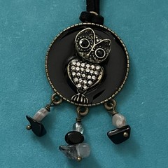 Artisan Owl Pendant Rhinestone Natural Stones Glass Faux Leather Cord Boho