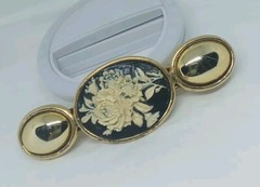 Vtg. Fizz Black Enamel Ivory Floral Hair Barrette,W 3 Cabochon Cameo Style