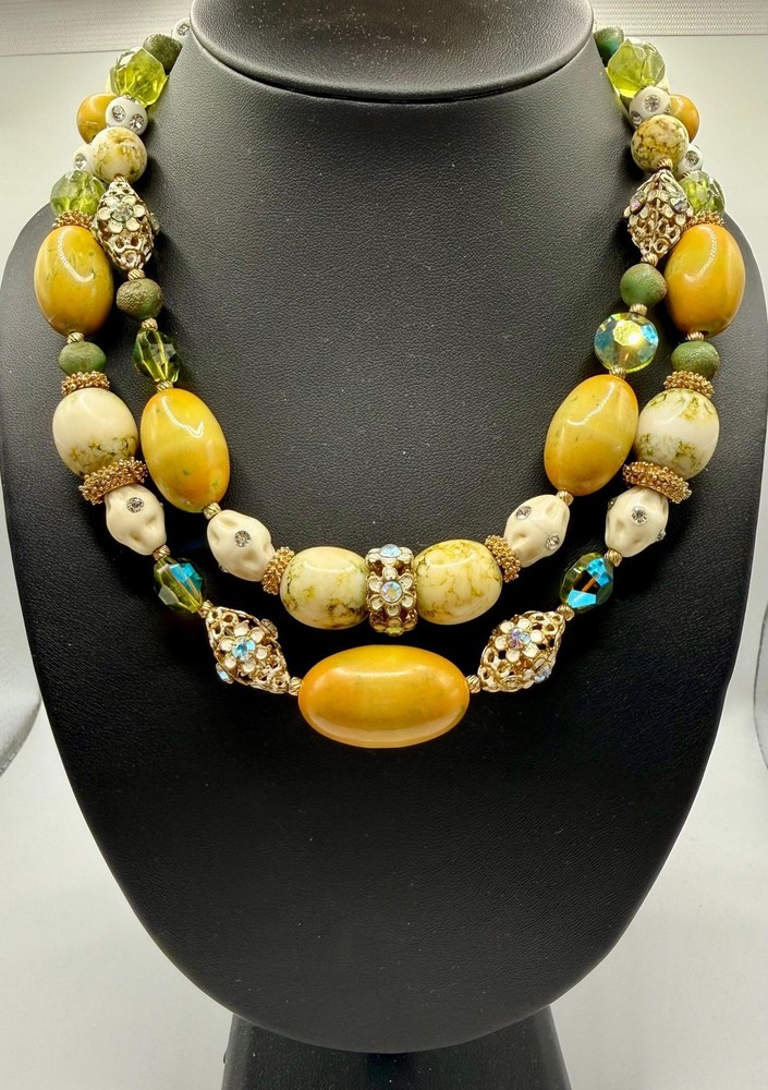 Signed Alice Caviness Necklace | Yellow Green Czech Glass Statement Beads