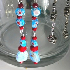 Blue Red White Floral lampwork, millefori beads, crystals silver earwires