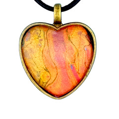 Pendant Heart Necklace Handcrafted «Tangerine Heart» Brass Bezel Black Cord