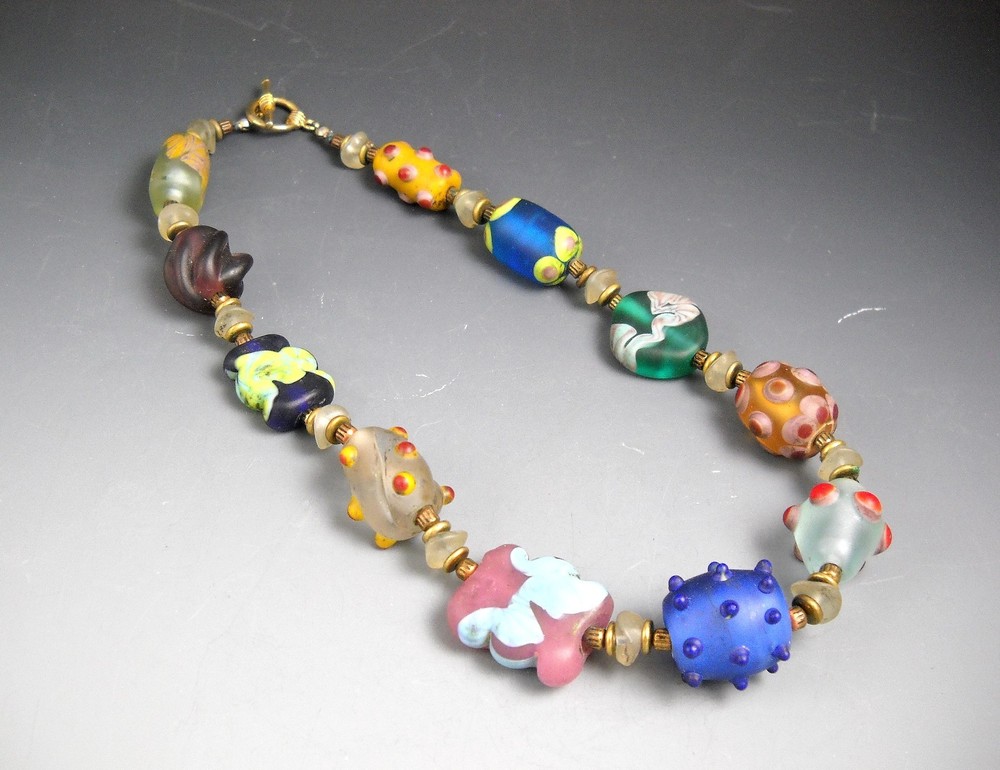 Artisan Made Glass Bead Choker Torch Fired Matte Acid Wash Variety Beads 16″