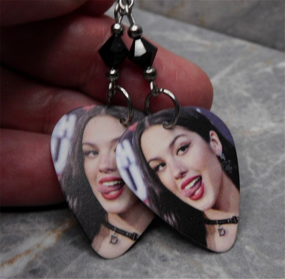 Olivia Rodrigo Sticking Out Her Tongue Guitar Pick Earrings w Black Swarovskis