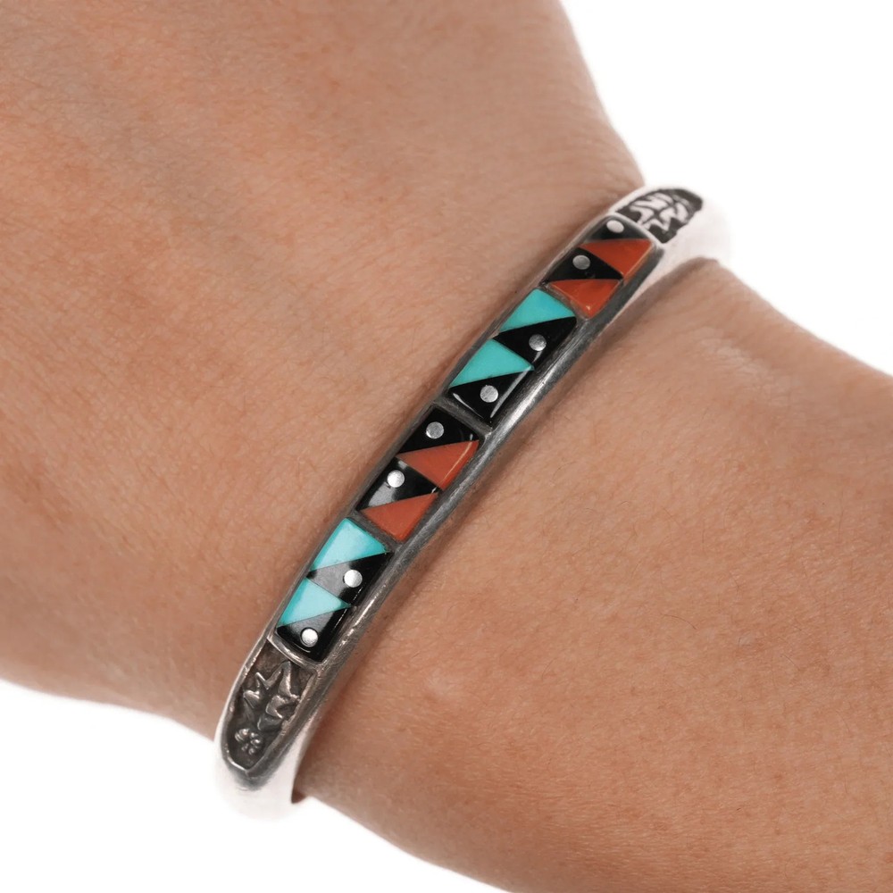 6″ VB Vintage Native American sterling silver, turquoise, coral, and Jet cuff b