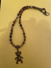 Retro Vintage Bronze Teddy Bear Pendant Jasper Hematite Crystal Necklace