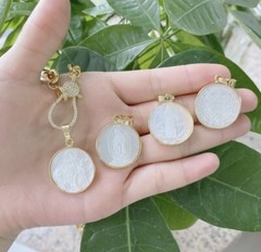 Religious Mother of Pearl Virgin Mary Pendant on Gold Link Chain Necklace