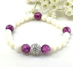 White mother of pearl and purple sugilite bracelet with rhinestone pendant