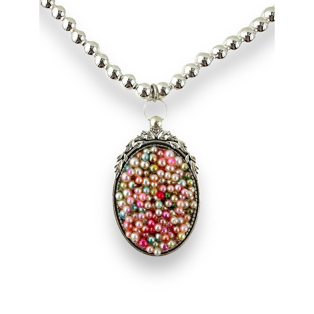 Pink Pearlescent Palooza Bubbles OOAK Oval Bezel Baroque 925 Ball Chain Necklace