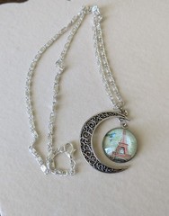 New Silver Crescent Moon Necklace with Eiffel Tower Pendant – Silver/Blue Accent