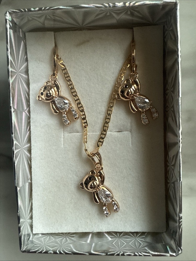 18K Gold Plated Bear Earrings and Necklace Jewelry Gift Set