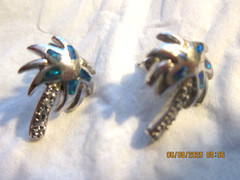 Blue Fire Opal Inlay Solid 925 Sterling Silver Palm Tree Post Earrings