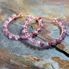 Pink Amethyst Rhodolite Garnet Purple Gemstone Wire Wrap Hoop Earrings Copper