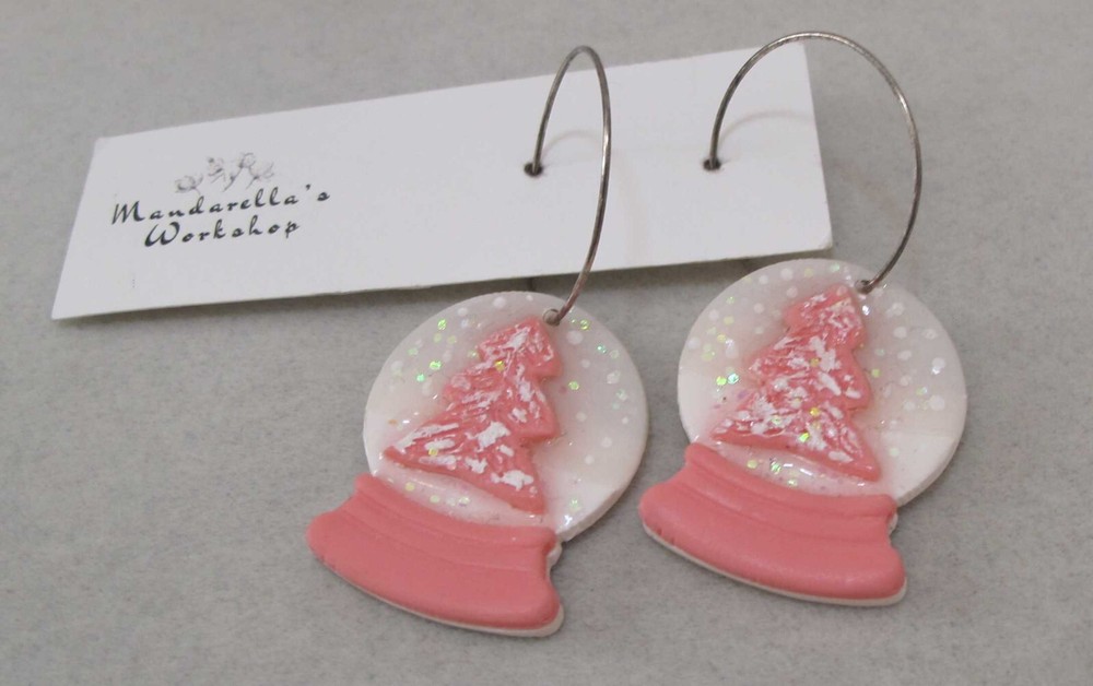 MANDARELLA’S WORKSHOP Pink White Glitter Polymer Clay SNOW GLOBE Earrings NOC