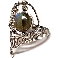 Huge Labradorite Cabochon In Silver Wire Wrap Bypass Statement Ring 7.25