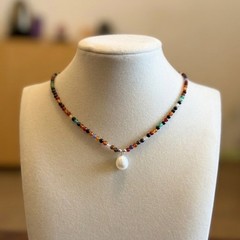 Handmade Mixed Natural Gemstone Necklace with Freshwater Pearl Pendant OOAK