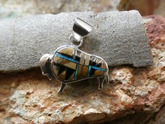 Buffalo Bison Sterling Silver 925 Tiger’s Eye Onyx & Opal Gemstone Pendant AH50