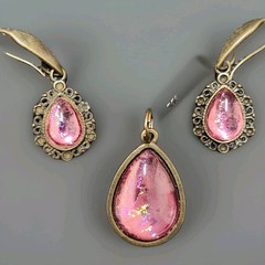 Unique Statement Art Under Glass Pendant Necklace Earrings Set. Handcrafted.