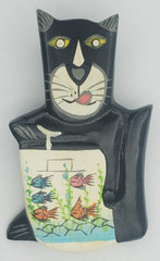 Vintage Hand Painted Folk Art Wooden Black Cat Pin Brooch From One World Goods
