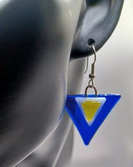 Fused Art Glass Earrings Cobalt Blue, Yellow, White, Triangle Dangle Earrings