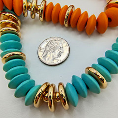Boho Wood Disc Bead Statement Necklace Set of 2 Orange Turquoise Color Gold Tone