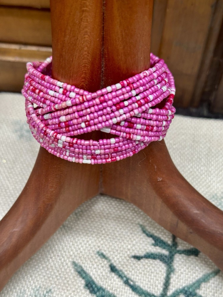Vintage Handmade Pink Beaded Boho Crisscross Cuff Bracelet