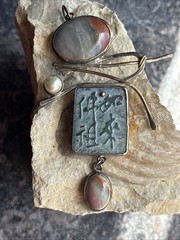 Shirley Price Signed Artist Made Sterling Sig. Pearl Jadeite Jasper Lg Pendant