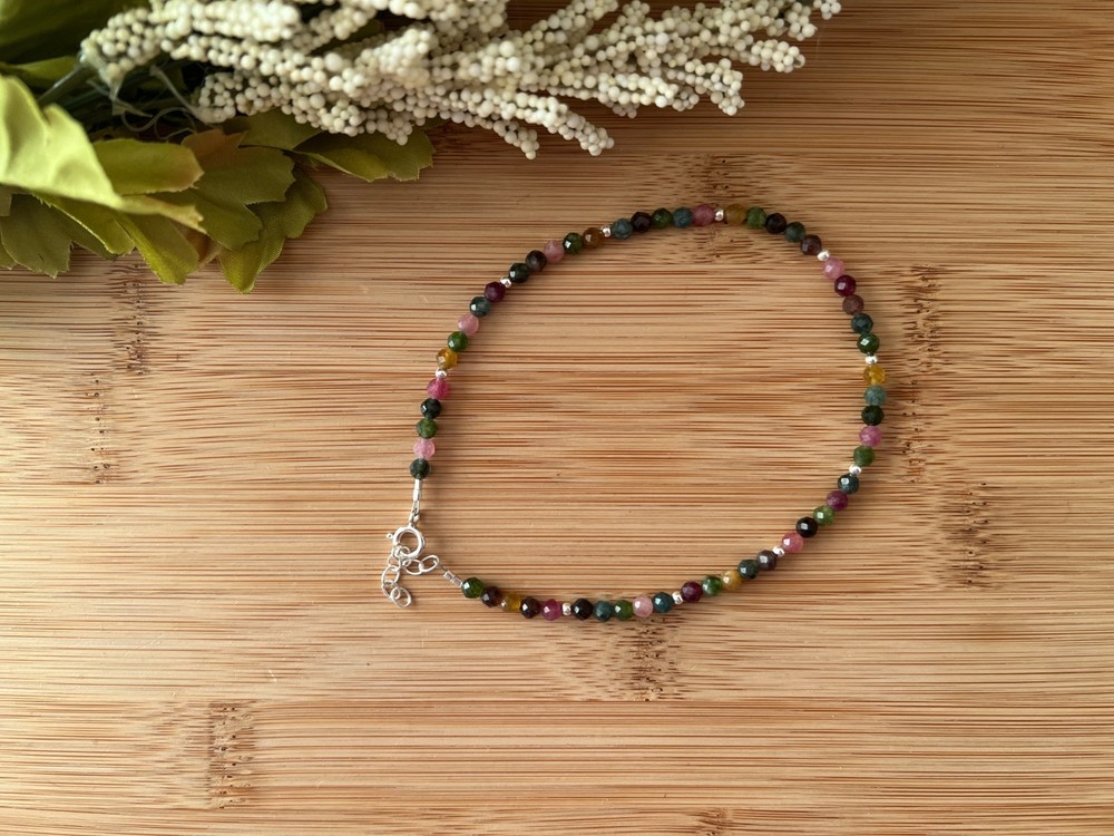 New! Tourmaline & Sterling Silver Handmade Anklet 10 3/4 to 11 3/4 in. – A69