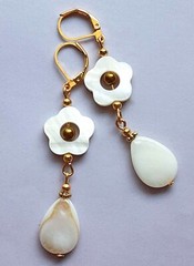 CARVED SHELL Gold Hematite dangle earring GP artisan leverback XX