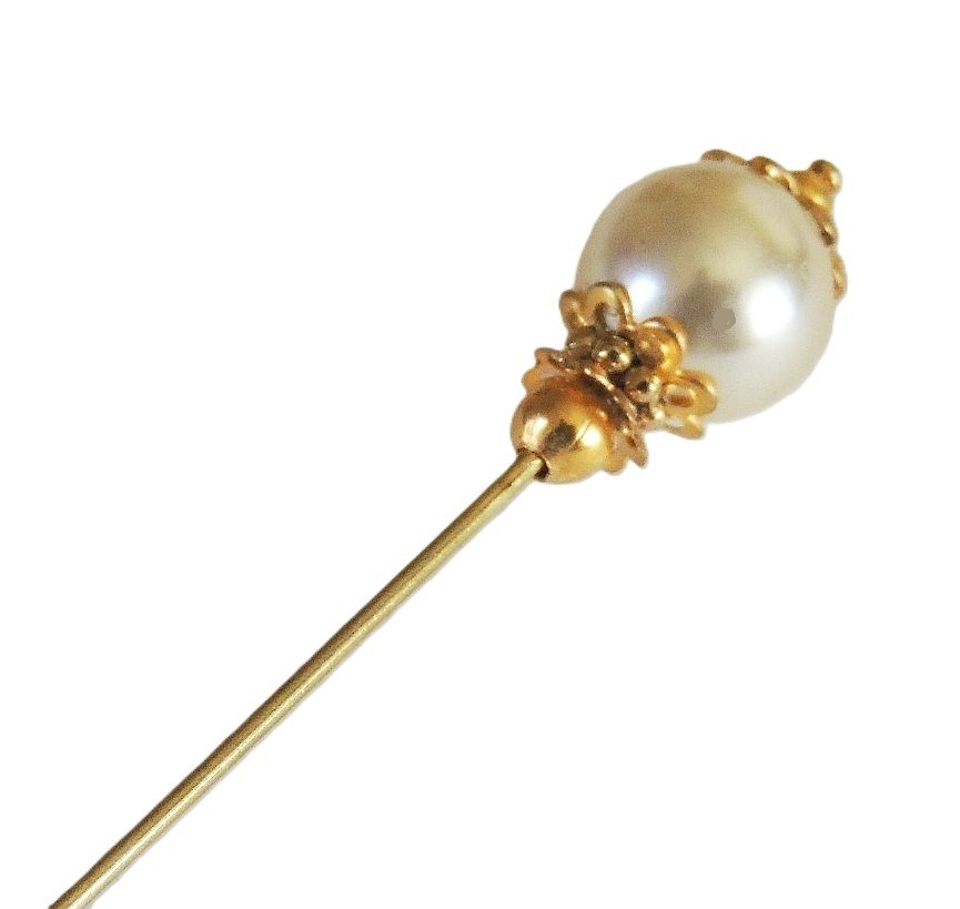 3″ Hat-Stick-Lapel Pin White Pearl Focal Bead Gold-tone Findings JSE942