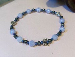 Blue Lace Agate Gemstone Bracelet with Hematite. 6.5 in. Gift for Her. Stretch.