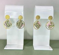 Polymer Clay Dangle Earrings Handmade Olive Green & Pink Pattern Gold SS Posts