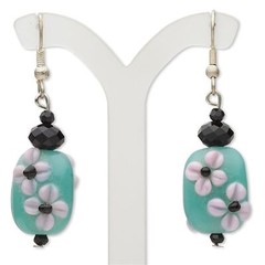 Handmade Bumpy Flower India Lampwork Glass Earrings Mint Green Black