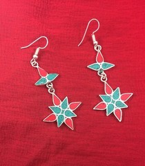 Handmade White Metal Earrings With Turquoise and Coral Stones.