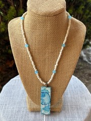 Artisan Beaded Necklace Blue Ceramic Tile Pendant Cream & Blue Beads Boho
