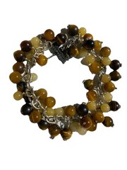 Tigers Eye Gemstone Chunky Dangle Cluster Bracelet Lobster Clasp Dragonfly Charm