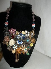 *SALE*Vintage Victorian Flower Antique Eye Rhinestone Collage Statement Necklace