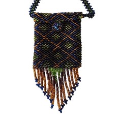 Vintage Artisan Fringed Tribal Seed Bead Necklace Pouch Diamond Pattern