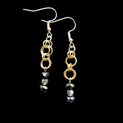 Black Beads & Clear Swarovski Crystals w/Silver Tone Rings Earrings, 2.25 in.