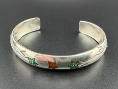 SIGNED AJ STERLING SILVER 925 CRUSHED TURQUOISE & CORAL INLAY CUFF BRACELET