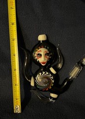 Handmade Glass Pendant Dab Rig with Face and Spiral, 10mm Rainbow Black&White