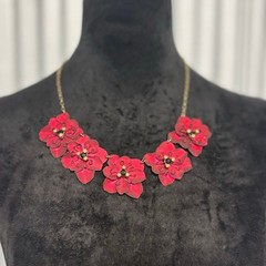 Bold Red Layered Flower Statement Necklace Gold Chain Glam Floral Jewelry