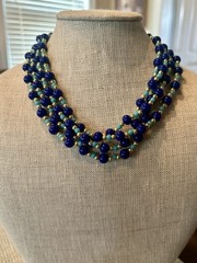 Vtg GLASS Bead Necklace 16” Teal And Cobalt Blue Glass Bead With Gold Tone Clasp