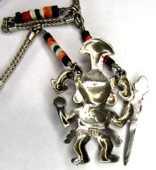 Peru 950 Sterling Silver Multi Stone Inlay Warrior King Pendant Heishi Necklace