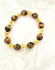 10mm Tigers Eye Bracelet with Gold Plated Cross— Handcrafted