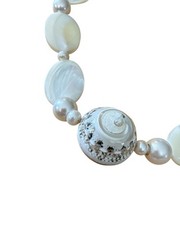 Coastal Mother of Pearl Shell Necklace Toggle Clasp White Pearl Beaded Statement
