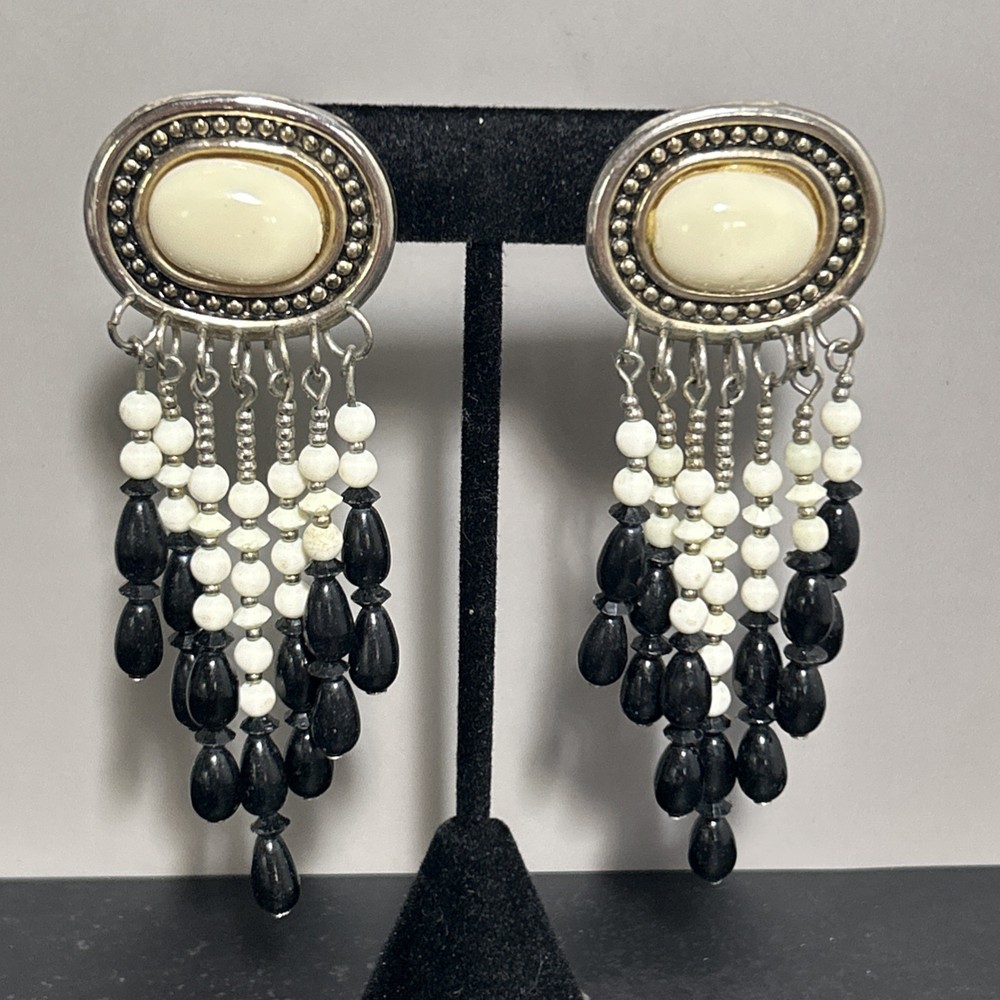 Vintage Silver Tone Chandelier Statement Earrings Black White Western Festival