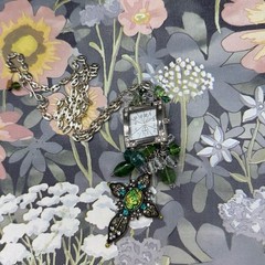 Adorned Crown Jewelry assemblage crystal glass bead watch cross green necklace