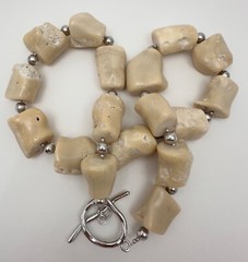 Handmade ~ Silver ~ Large Beige Coral Branches Beaded 26″ Toggle Necklace #147