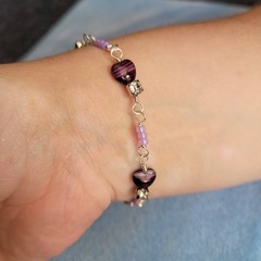 Handmade Purple Heart 6.5 In Bracelet Made With Crystal Beads & Nickel Free Wire
