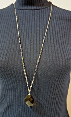 Long Smoky Quartz Pendant Necklace Wire Wrapped Beaded Station Opera Chain 34″